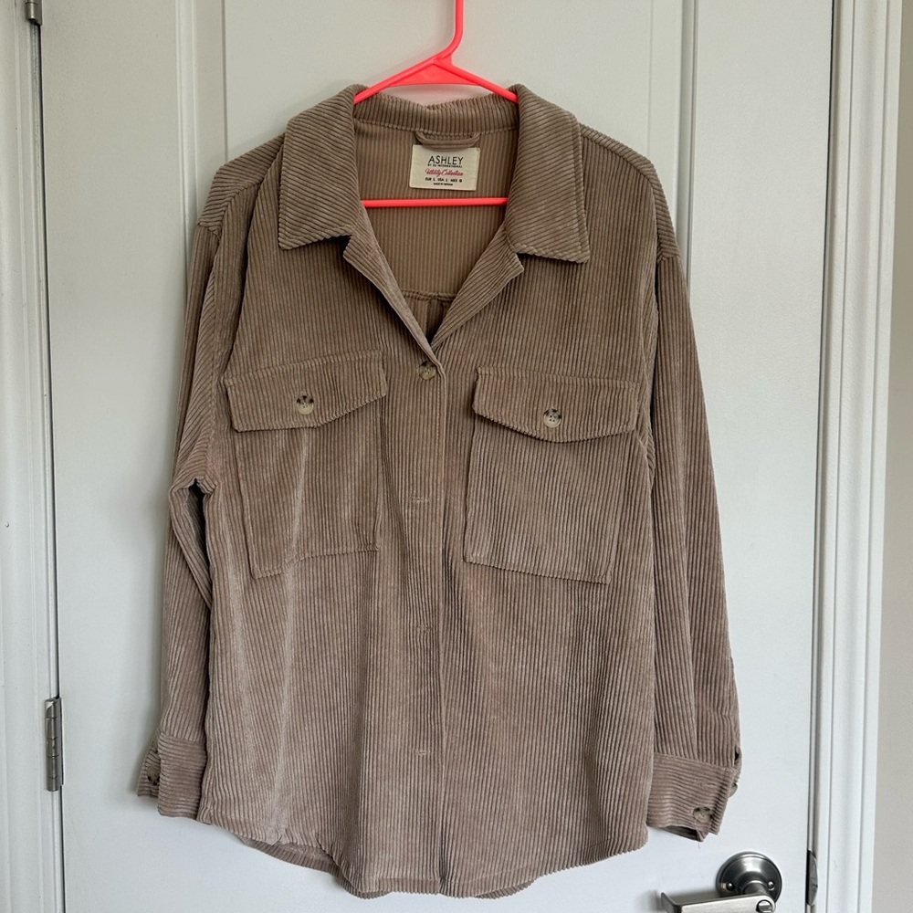 Ashley By 26 International Corduroy Oversized Shirt Jacket in Taupe
